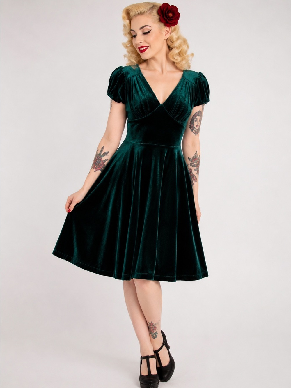 Hell Bunny Green Velvet Fit & Flare Dress Goth Pinup UK10 Small
